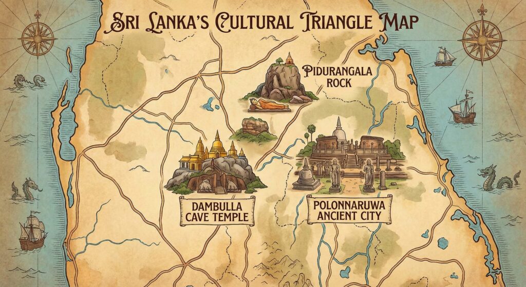The locations of the Dambulla Cave Temple, the ancient ruins of Polonnaruwa, Pidurangala Rock, and Sigiriya Rock.