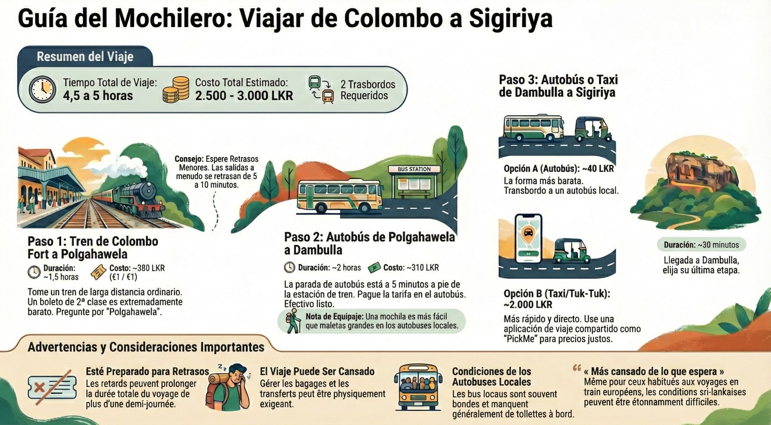 Viajar de Colombo a Sigiriya en tren y autobús.