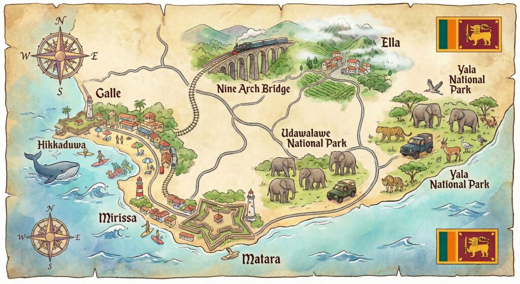 Attractive tourist destinations and activities in southern Sri Lanka.
