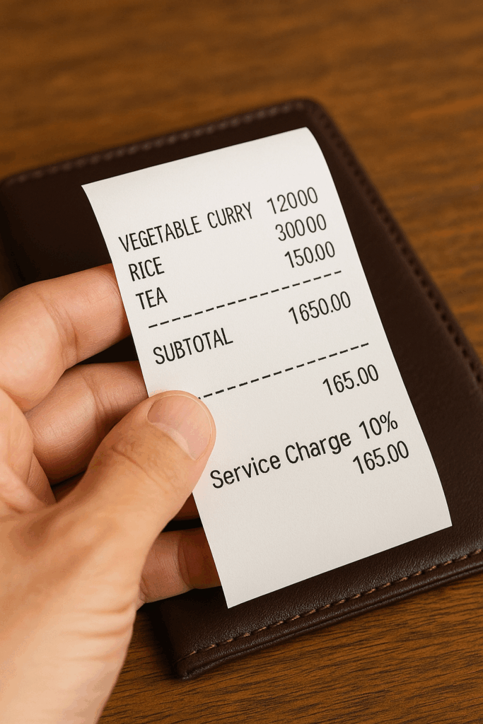 スリランカでは伝票に「Service Charge 10%」等と記載があれば追加でチップを払う必要はありません。