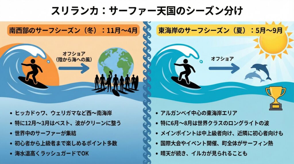 スリランカのサーフィンのシーズン

南西部のサーフシーズン（冬）： ヒッカドゥワ、ウェリガマ、ミリッサなど西～南海岸の有名ブレイクは、11月～4月にかけてがシーズンです。特に12月～3月は北東モンスーンの影響で西南岸にはオフショア（陸から海への風）が吹き、波がクリーンに整います。この時期、ヒッカドゥワのリーフブレイクやウェリガマのビーチブレイクには世界中のサーファーが集います。ポイントによって初心者向けから上級者向けまで揃っているので、自分のレベルに合った場所で楽しめます。海水温も高くラッシュガード一枚でOKなのも魅力です。

東海岸のサーフシーズン（夏）： アルガンベイ（Arugam Bay）を中心とした東海岸エリアは、5月～9月がサーフシーズンになります。南西モンスーンによってこちら側はオフショアが吹き、特に6～8月には世界クラスのロングライトの波がブレイクします。アルガンベイの「メインポイント」は中上級者向けですが、近隣のホールズトンプやピーナッツファームなどは初心者でも挑戦可能なスポットです。シーズン中は国際大会やイベントも開催され、町全体がサーフィン熱に包まれます。東側は乾季で晴天が続くため、波待ちしている間にイルカが見られることもあり、自然豊かな雰囲気でサーフィンを満喫できます。