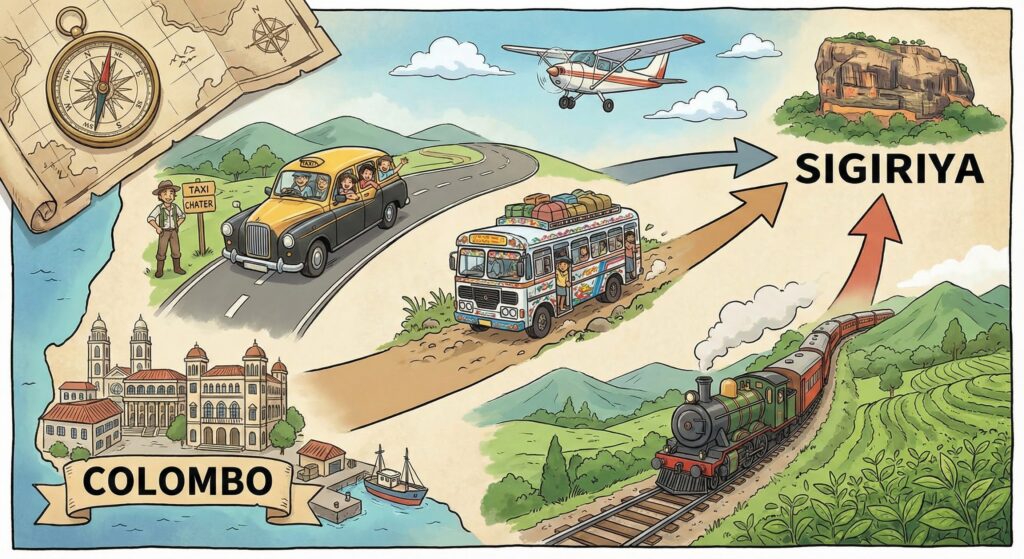 コロンボからシーギリヤへの主な移動手段（タクシーチャーター、バス、鉄道、飛行機）