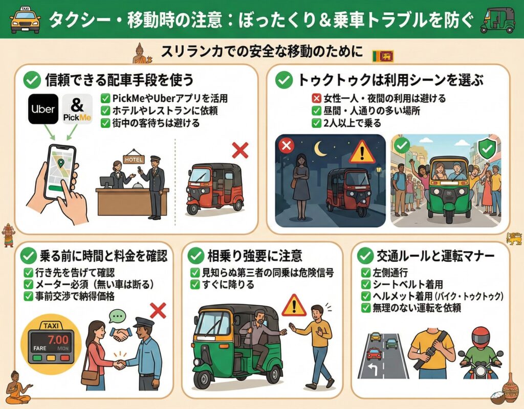 信頼できる配車手段を使う：なるべくPickMeやUberなどの配車アプリを活用しましょう。またホテルやレストランに頼んでタクシーを呼んでもらうのも安全策です。街中で客待ちしているタクシーやトゥクトゥクは避けた方が無難です。

トゥクトゥクは利用シーンを選ぶ：特に女性だけ・一人だけで乗る場合や、夜間の利用は避けるのが賢明です。乗るなら昼間で人通りの多い場所から乗る、2人以上で乗る、といった工夫を。

乗る前に時間と料金を確認：行き先を告げたら所要時間と概算料金を確認しましょう。タクシーであれば必ずメーターを使用してもらい、メーターが無い車は断ってOKです。トゥクトゥクはメーターが無い場合が多いので、事前交渉で納得できる金額を決めてから乗車してください。

相乗り強要に注意：まれに走行中のトゥクトゥクに第三者が同乗してくる（＝相乗りを強要される）ケースがありますが、これは危険信号です。見知らぬ同乗者が突然乗ってきたらすぐ降りるようにしましょう。強盗グループの場合もあり得ます。

交通ルールと運転：スリランカの交通は左側通行で日本と同じですが、運転マナーは日本ほど良くありません。バスやトラックが猛スピードで追い越していくことも。長距離移動の際は運転手に無理のない運転を依頼し、自分もシートベルトを締めましょう。バイクやトゥクトゥク利用時はヘルメット着用も必須です。
