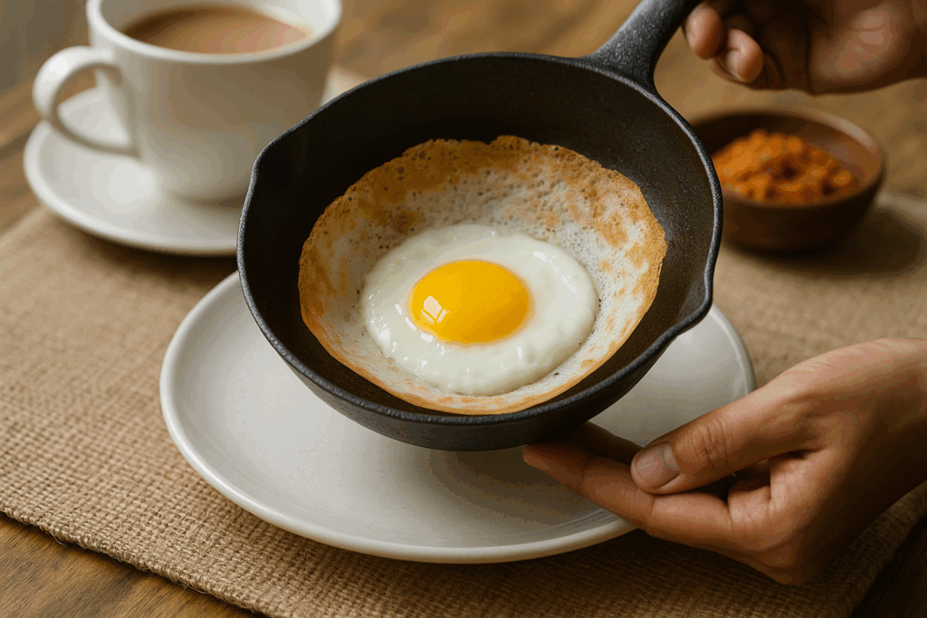 半熟卵がとろけるエッグホッパーの朝食シーン