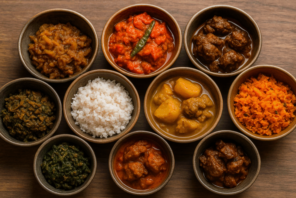 色とりどりのスリランカカレーの小皿が並ぶ