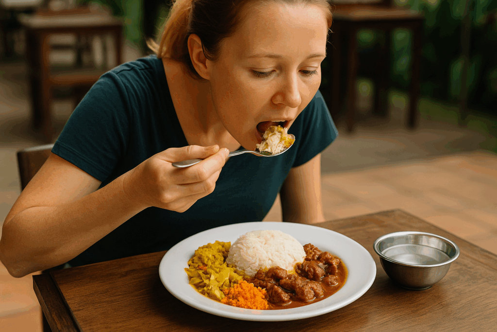 スプーンでスリランカカレーを食べる観光客とフィンガーボウル