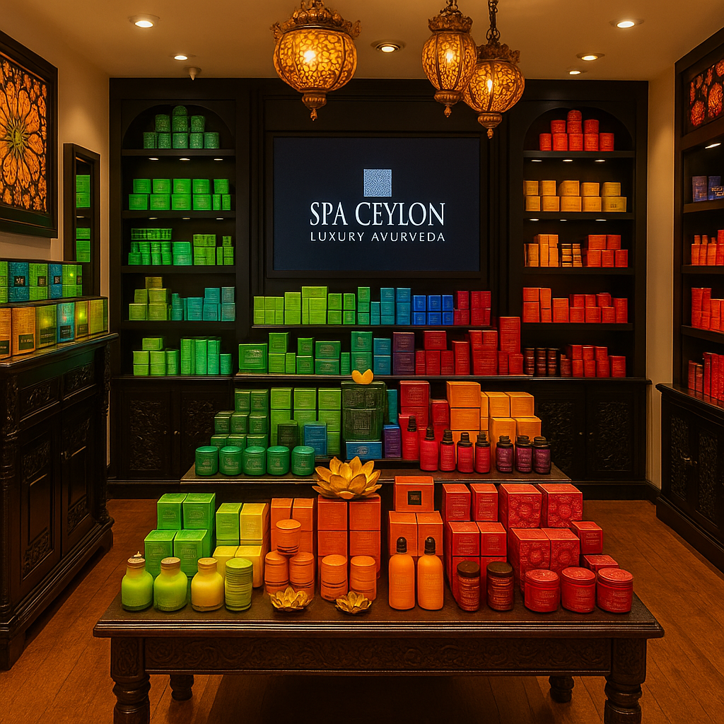 Spa Ceylonの店舗(ゴール市内)。カラフルな象のオブジェが目印で、店内には色とりどりのコスメが並ぶ。