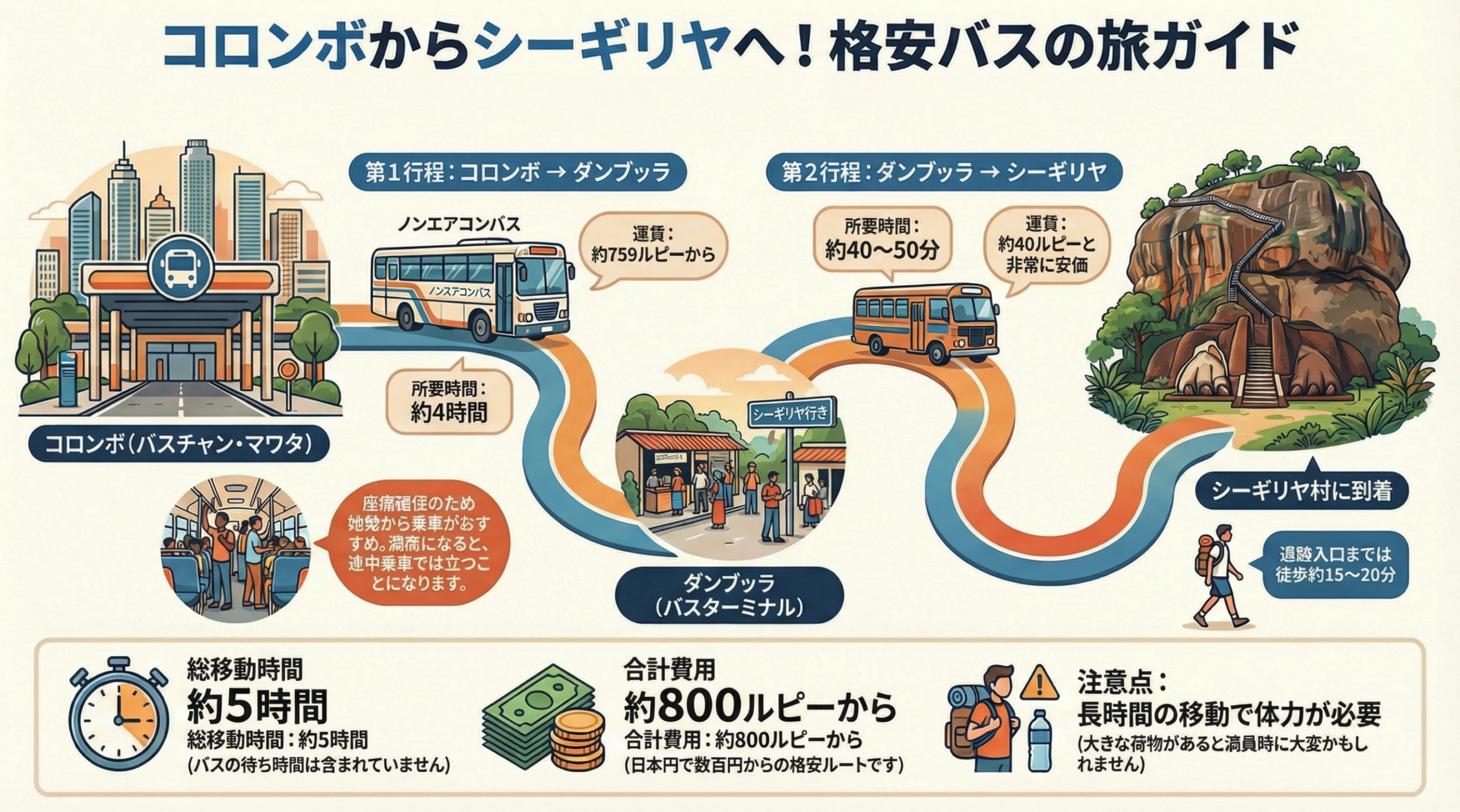 コロンボからシーギリヤへバスでいく経路