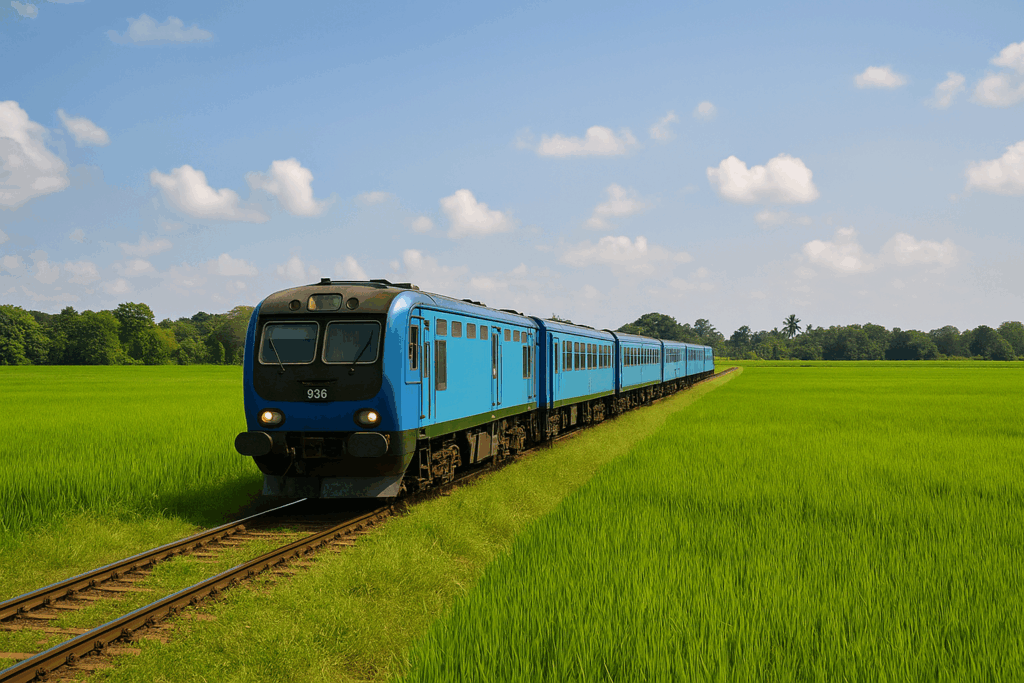 スリランカ国鉄のブルー車両が緑の田園地帯を走る