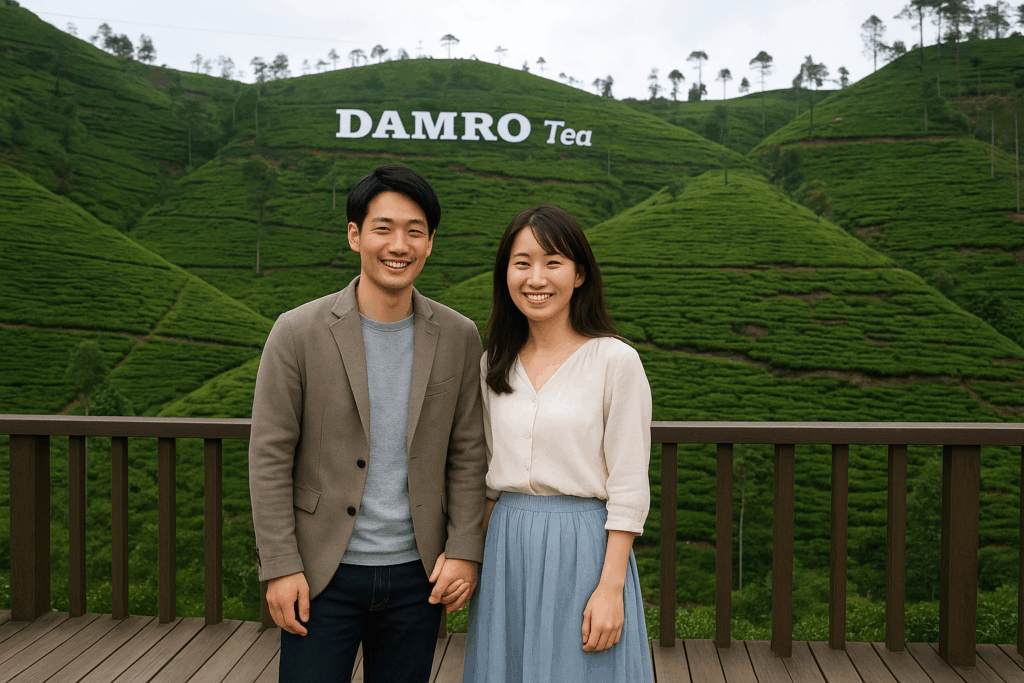 ダムロ茶園 展望デッキで微笑む日本人カップル