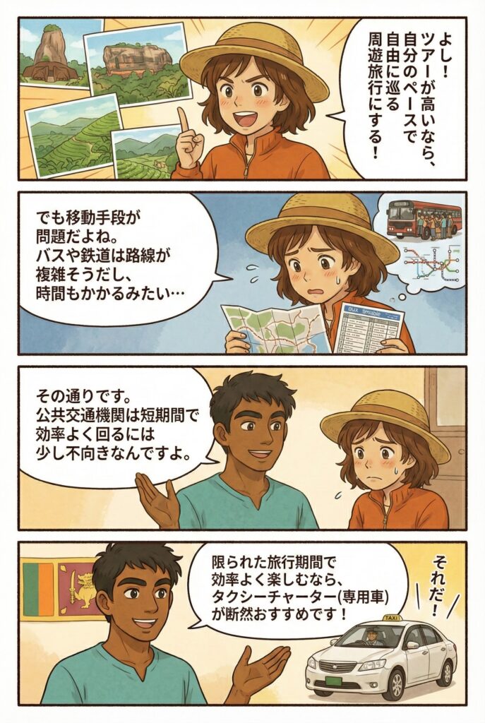 しかし問題となるのが現地での移動手段。公共のバスや鉄道もありますが、路線が複雑だったり所要時間が長かったりと、短期間で効率よく回るには不向きです。

実際、スリランカは公共交通機関があまり発達していないため、限られた旅行期間で効率よく周遊するにはタクシーチャーター（専用車）利用がおすすめということになります。
