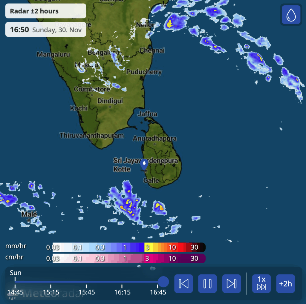 現在のスリランカの雨雲レーダー