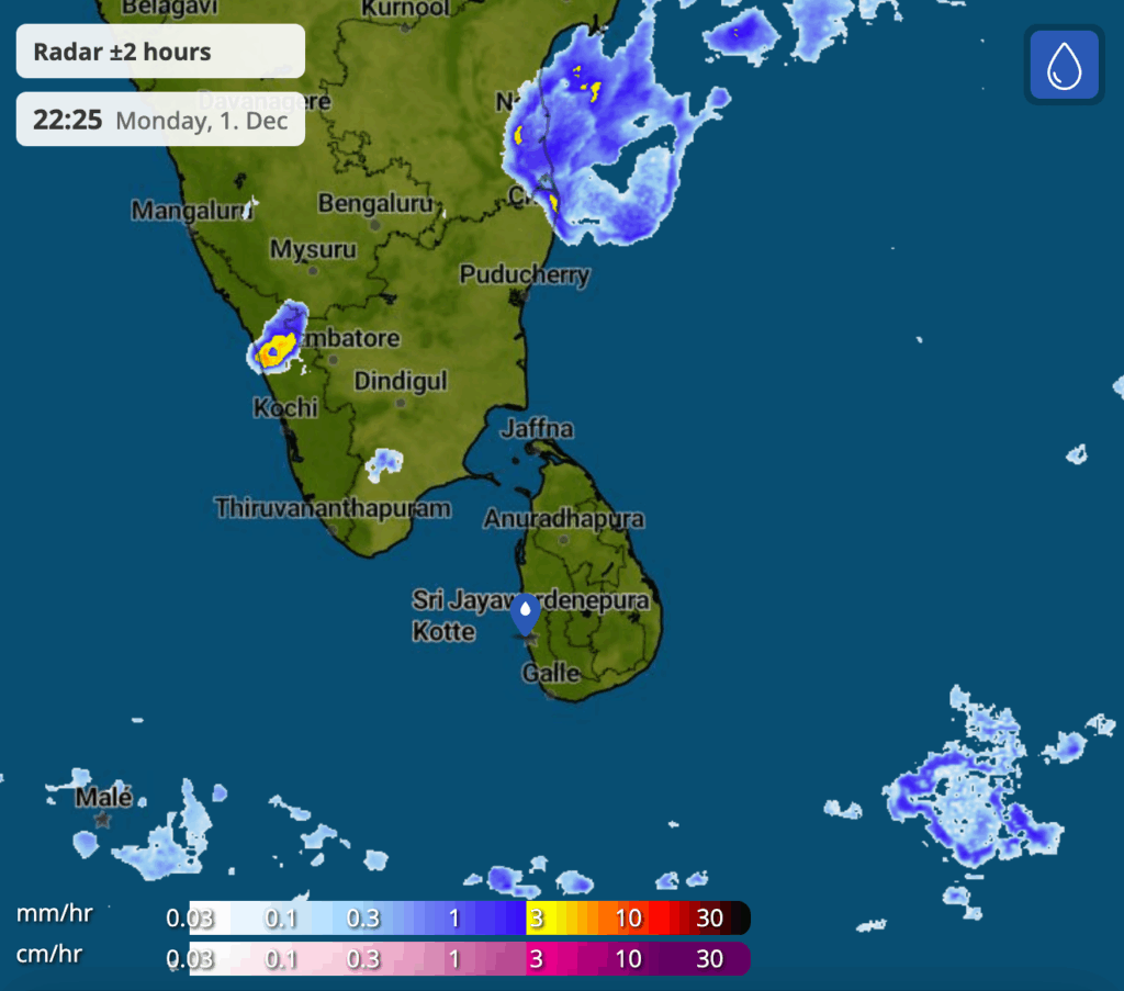 現在のスリランカの雨雲レーダー