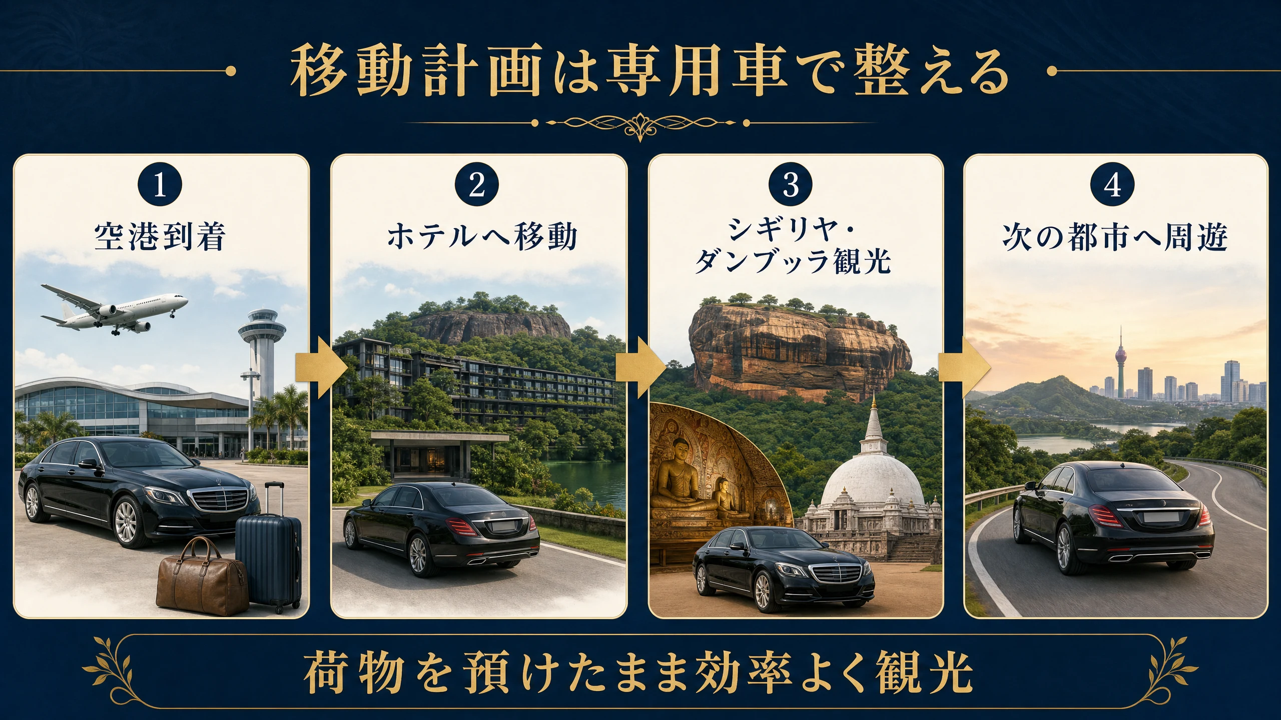 ヘリタンスカンダラマ旅行の移動計画。空港到着、ホテル移動、シギリヤ・ダンブッラ観光、次の都市への周遊