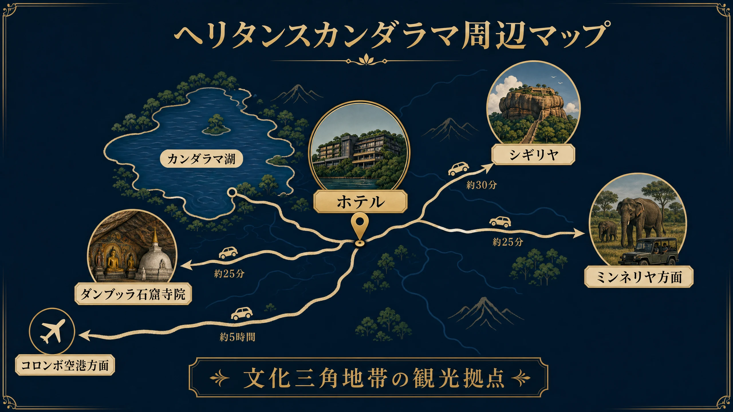 ヘリタンスカンダラマ周辺マップ。カンダラマ湖、シギリヤ、ダンブッラ石窟寺院、ミンネリヤ方面、コロンボ空港方面の位置関係